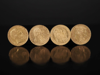 Vente aux enchères Quatre pièces de 20 Francs belge or, Leopold II, 1870, 1875, 1877 et 1