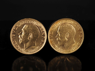 Vente aux enchères Deux souverains or, Georges V, 1912 et 1913. FRAIS ACHETEURS 10% HT.