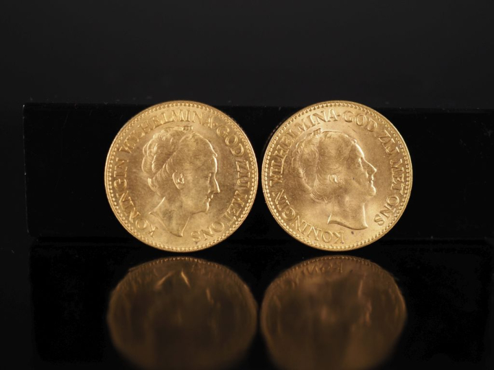 Deux pièces de 10 Gulden or, Wilhelmina, Pays-Bas, 1932. FRAIS ACHETEU