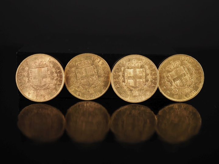 Quatre pièces de 20 Lire or, Vittorio Emanuele II, Italie, 1863. FRAIS
