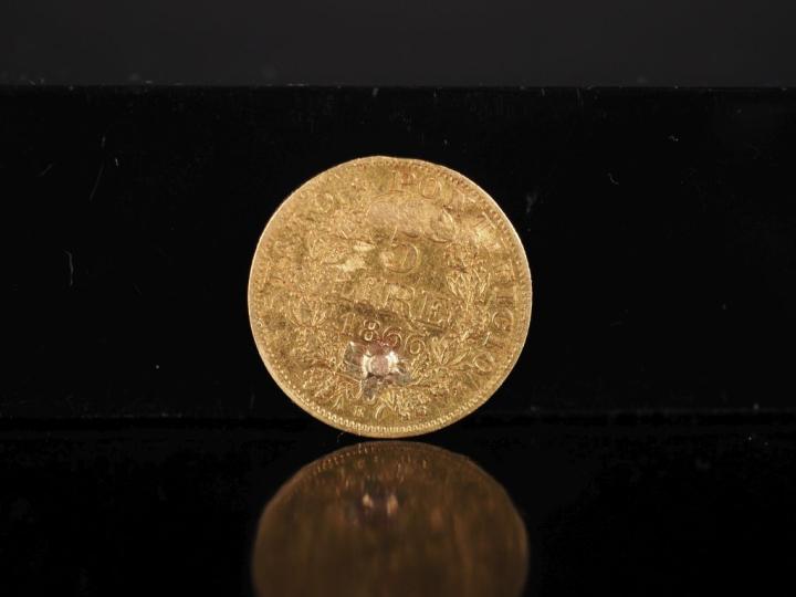 Pièce de 5 Lire or, Pie IX, Etats Pontificaux, 1866. FRAIS ACHETEURS 1
