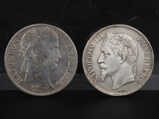 Vente aux enchères Ensemble comprenant :  - une pièce de 5 Francs argent, 1868  - une piè