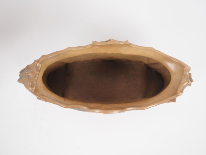 Vase et jardinière Art Nouveau en céramique ocre et bleue, décor de fl