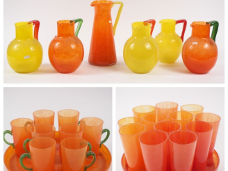 Vente aux enchères SCHNEIDER.  6 verseuses, 8 verres à anses, 12 verres à orangeade, deux