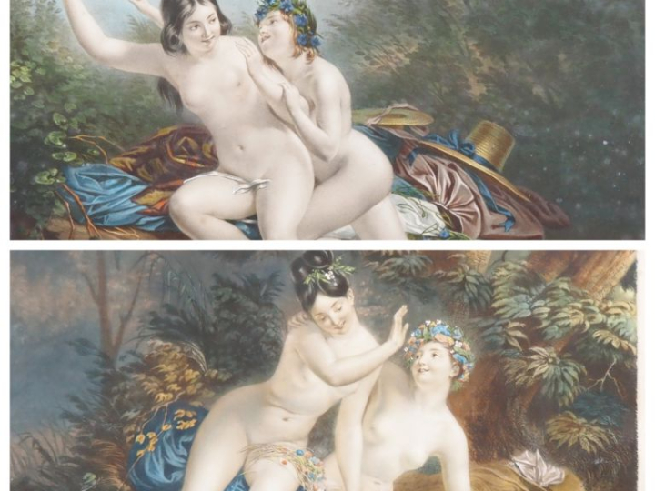 RIOULT (d'après). Paire de gravures en couleurs "tu ne l'auras pas" et