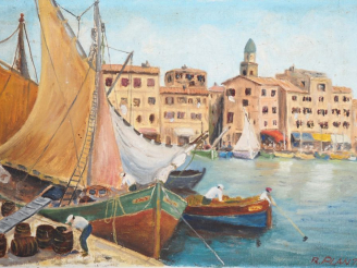 Vente aux enchères R. PLANTE. "Le port animé" Huile sur toile, signée en bas à droite et 