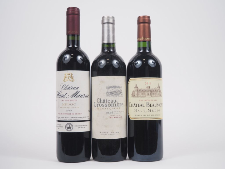 3 BOUTEILLES DE BORDEAUX : 1 CHÂTEAU HAUT MAURAC CB MÉDOC 2001 - 1 CHÂ