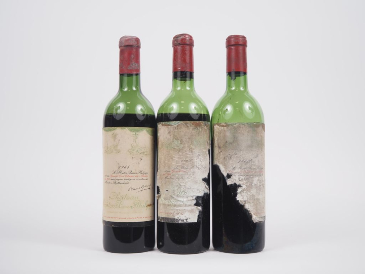 3 BOUTEILLES CHÂTEAU MOUTON BARON PHILIPPE GCC PAUILLAC : 1 de 1964 VI