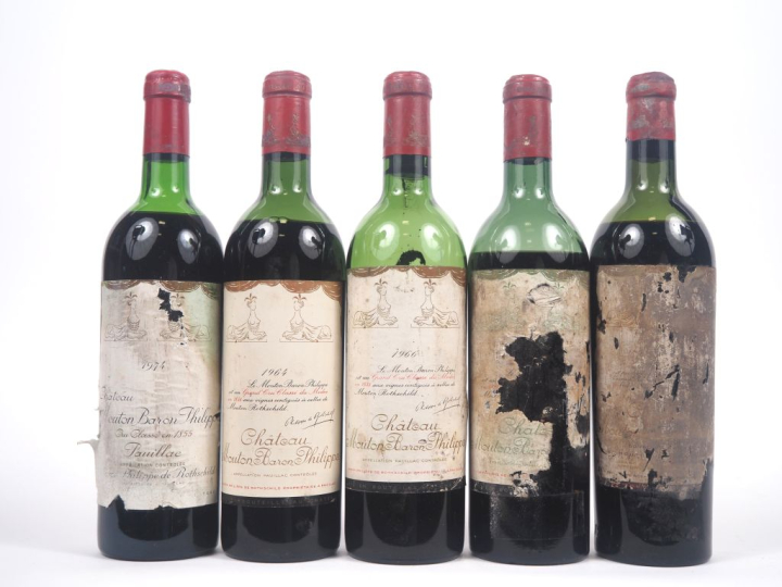 5 BOUTEILLES CHÂTEAU MOUTON BARON PHILIPPE GCC PAUILLAC : 1 de 1964 BE