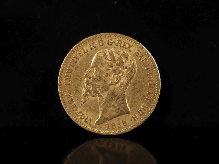 Pièce de 20 Lire or, Victor Emmanuel II, 1859. FRAIS ACHETEURS 10% HT.