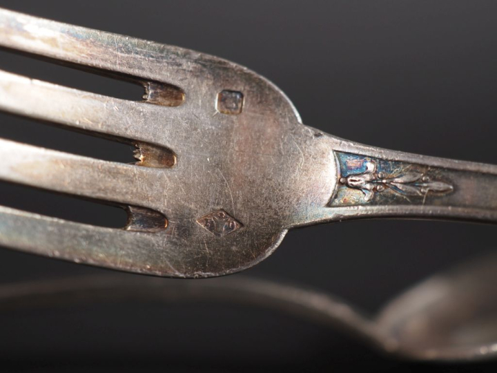 Couvert de naissance de style Empire en argent 925, poinçon Minerve, à