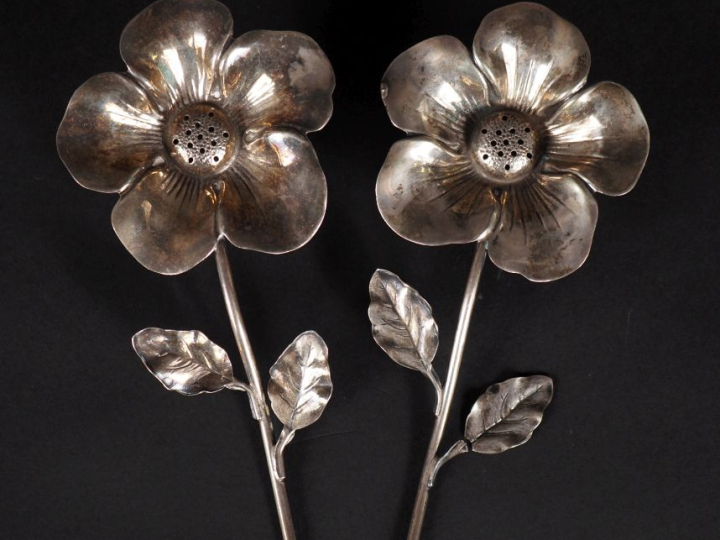 Ravissante paire de saupoudroirs en argent 800 en forme de fleur épano
