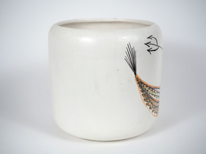 CAPRON.  Grand vase cylindrique en céramique à décor de sirène et de p