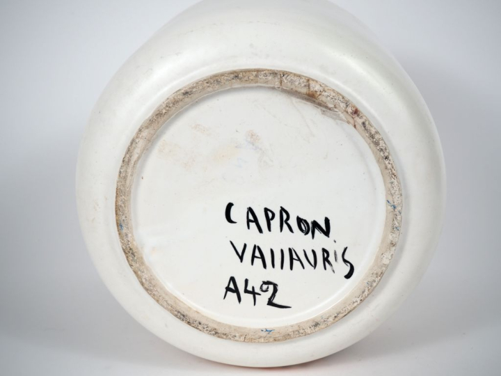 CAPRON.  Grand vase cylindrique en céramique à décor de sirène et de p