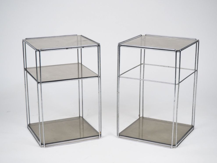 	Paire de bouts de canapés des années 1970 en verre fumé et métal chro