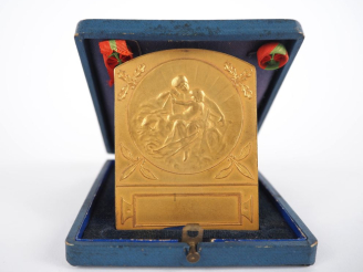 Vente aux enchères Médaille début Xxème en bronze doré à décor d'une mère et son enfant. 