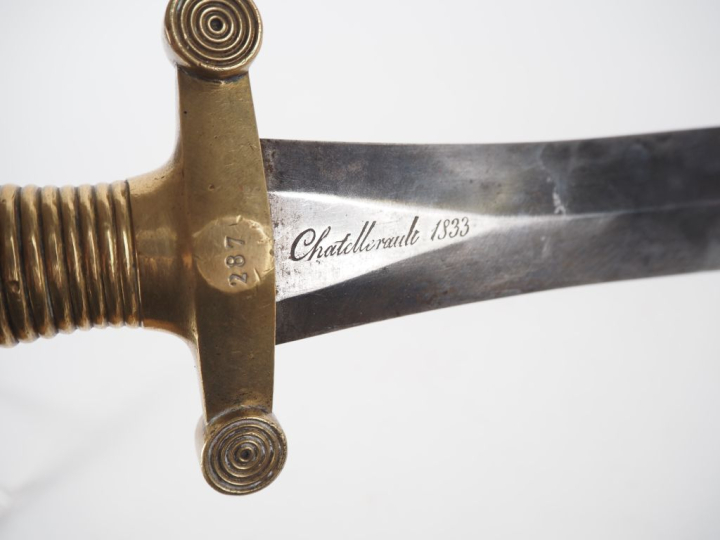 Deux armes blanches :  -Sabre d’officier d’infanterie modèle 1855. Poi