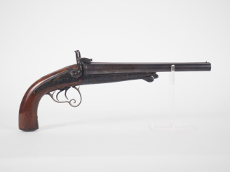 Vente aux enchères Fort pistolet à broche de vénerie, deux coups, calibre 16.  Canons en 