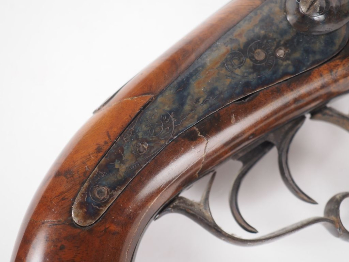 Fort pistolet à broche de vénerie, deux coups, calibre 16.  Canons en 