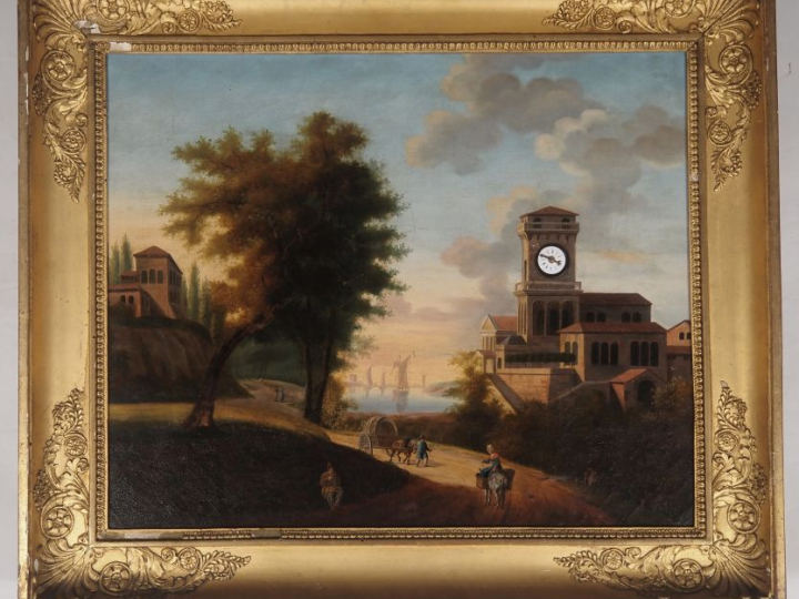 Tableau horloge XIXème, huile sur toile "paysage fluvial animé et arch