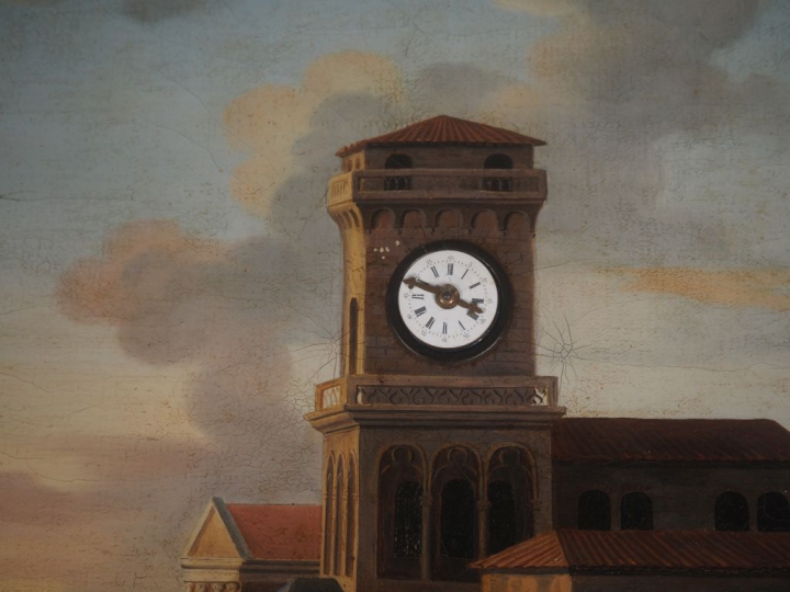 Tableau horloge XIXème, huile sur toile "paysage fluvial animé et arch