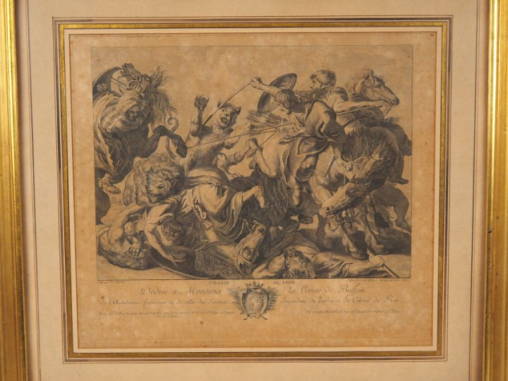 Paire de gravures en noir d'après Rubens "chasse aux lions" et "chasse
