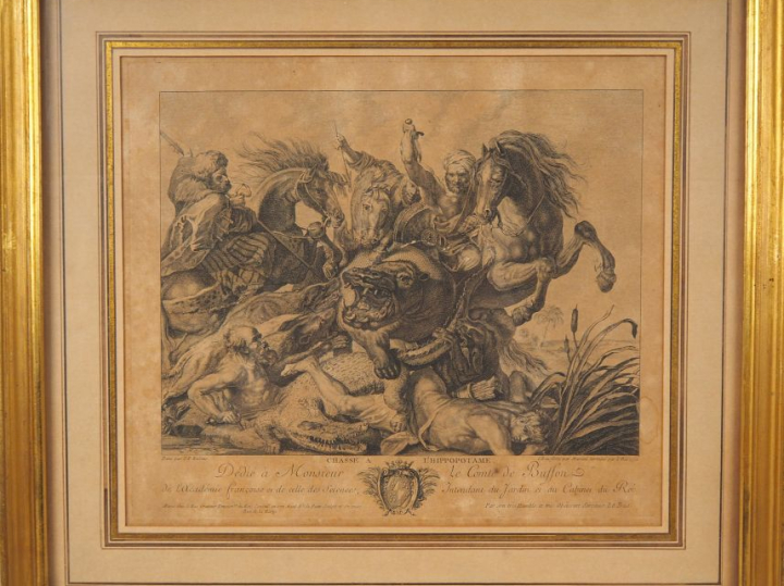 Paire de gravures en noir d'après Rubens "chasse aux lions" et "chasse