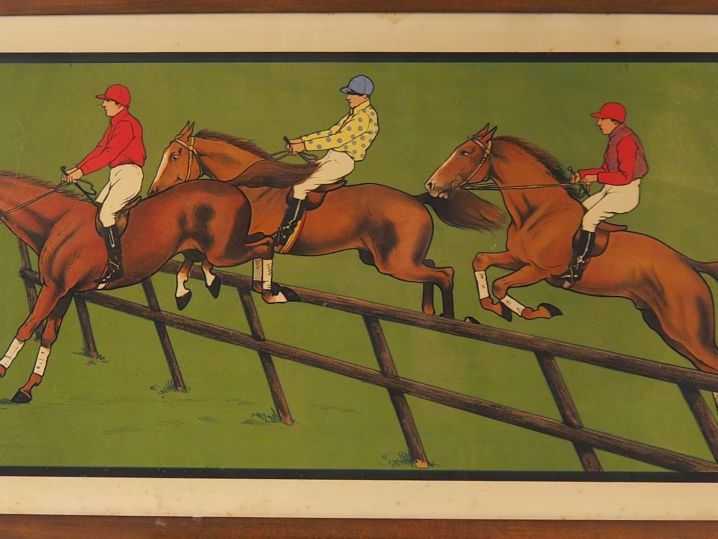 Grande lithographie anglaise.  "le saut de barrière" Dim. Du cadre : 5