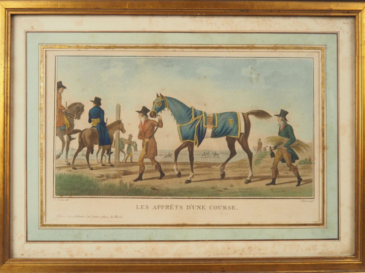 Carle VERNET.  4 gravures en couleurs "la course" "les apprèts d'une c