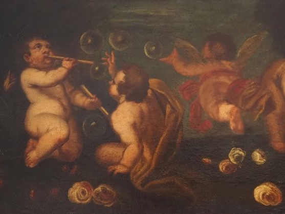 Ecole italienne XVIIIème.  "les amours à la bulle de savon" Huile sur 