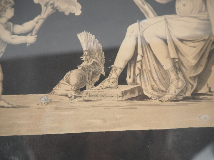 L. HARAND. MALVOISIER.  "Minerve et l'Amour"  Dessin à la plume et au 