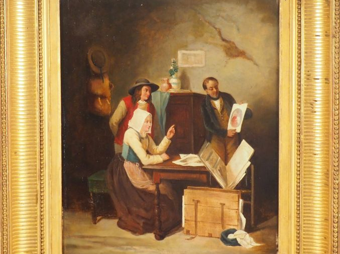 École française, XIXème. "Le marchand d’estampes" Paire d’huiles sur p