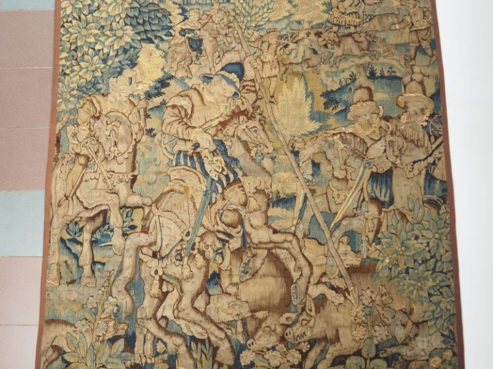 Tapisserie XVIIème "Scène de chasse au sanglier" Dim. 226,5 x 184 cm