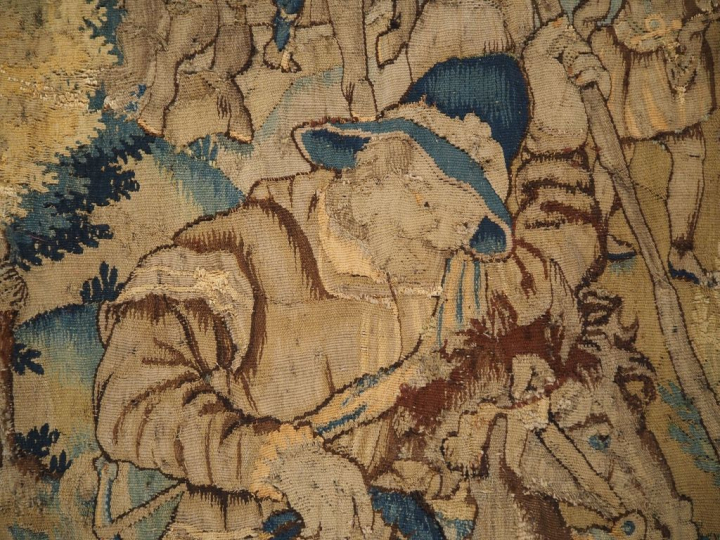 Tapisserie XVIIème "Scène de chasse au sanglier" Dim. 226,5 x 184 cm