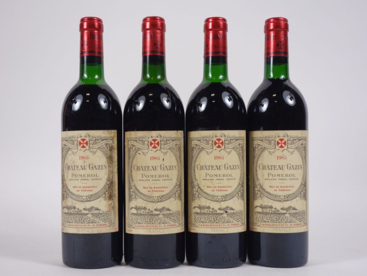4 BOUTEILLES CHÂTEAU GAZIN POMEROL - 1985 - 1 BG/2 LB-HEP/1 HEP/ELT
