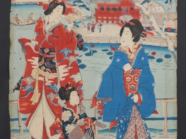 Deux pages d’albums chine représentant des scènes paysagées et une est