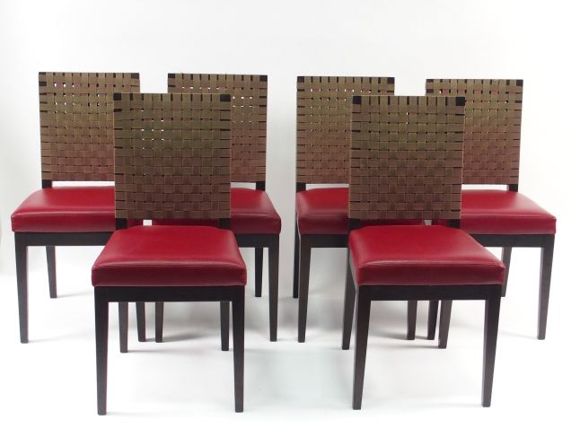 Suite de 6 chaises de salle à manger, assise cuir rouge, dossier lanni
