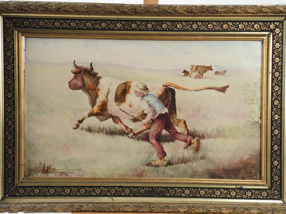 	Plaque en porcelaine encadrée d’après Jules Dupré 'Le jeune bouvier'.