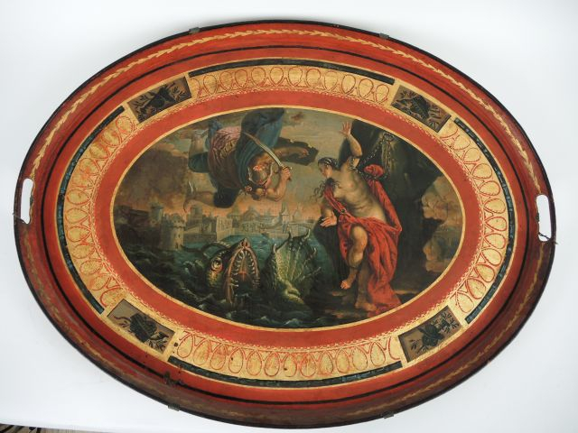 	Plateau Empire en tôle polychrome à décor dans une reserve d'une scèn