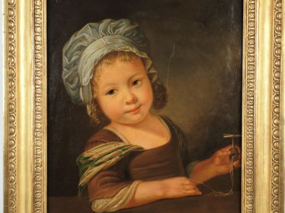 Ecole française fin XVIIIème début XIXème ‘Jeune fille à la toupie’.Hu