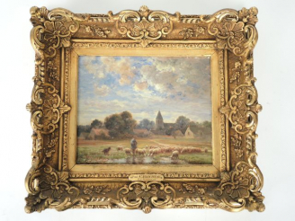 Vente aux enchères Paul CHAIGNEAU "Berger et son troupeau devant le hameau". Huile sur pa