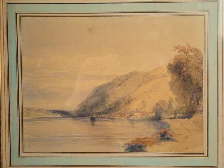 	Eugène CICERI. "Personnages près d’un lac de montagne".  Aquarelle, é