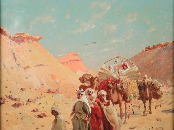 Eugène DESHAYES, " La Caravane ". Huile sur toile, signée en bas à dro