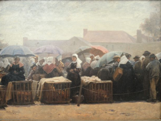 Vente aux enchères 	Eugène FEYEN ‘Scène de marché en Bretagne’ Huile sur panneau d’acajou