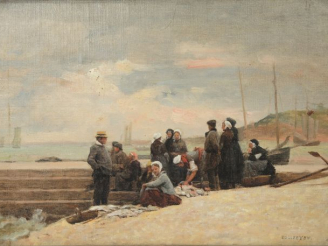 Vente aux enchères 	Eugène FEYEN 'Retour de pêche’ 	Huile sur carton, signée en bas à dro