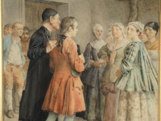 Vente aux enchères Maurice LELOIR 	« L’hospice de catéchumènes ». Aquarelle, signée en ba