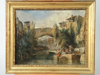 Vente aux enchères Léon SOULIE  ‘les lavandières’ Huile sur toile signée en bas à gauche 