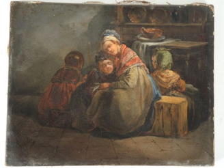 Vente aux enchères 	Léon SOULIE ‘Domestique et ses enfants’ Huile sur toile signée en bas