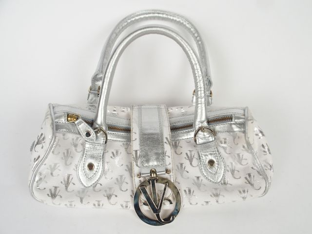 VERSACE. Sac en toile monogrammée et cuir. 32 x 11 cm