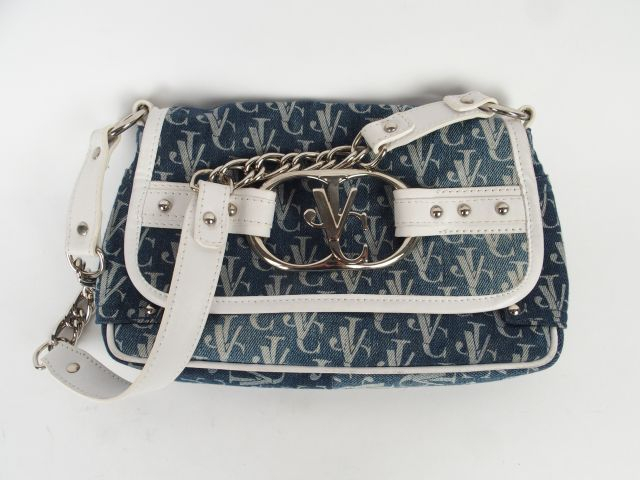 VERSACE. Sac en toile de jeans monogrammée et cuir blanc. 24 x 15 cm